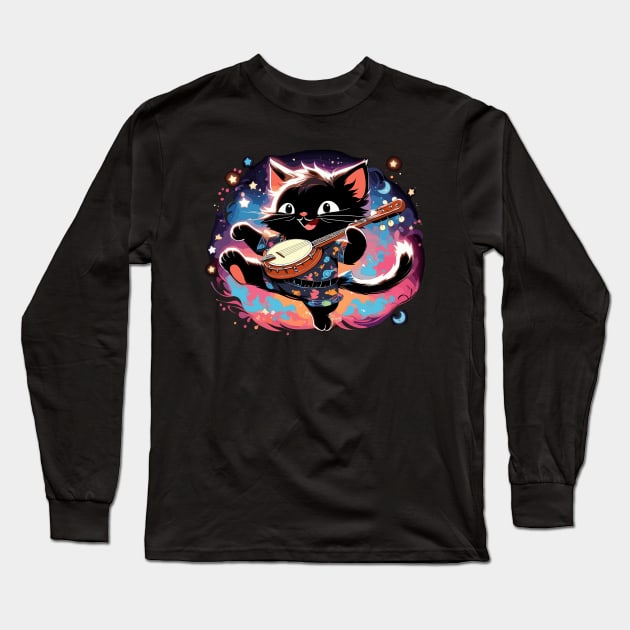 Dancing black cat playing banjo Long Sleeve T-Shirt by la chataigne qui vole ⭐⭐⭐⭐⭐